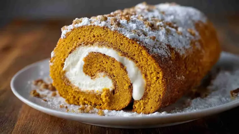 Easy pumpkin roll cake with cream cheese filling and powdered sugar