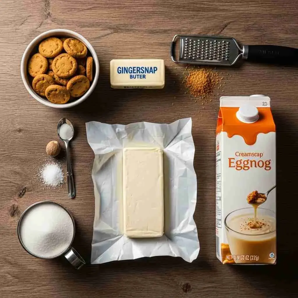 Eggnog Cheesecake with Gingersnap Crust 2 ingredients for eggnog cheesecake with gingersnap crust on a table