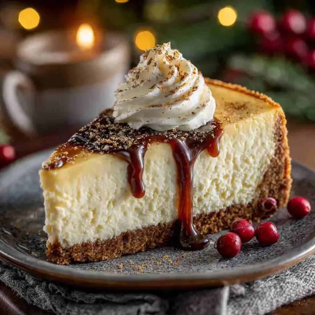 Eggnog Cheesecake with Gingersnap Crust 3 slice of eggnog cheesecake with gingersnap crust on dessert plate
