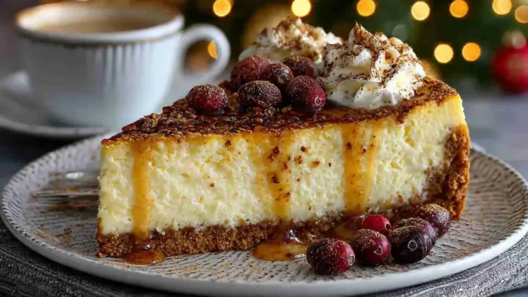 eggnog cheesecake with gingersnap crust topped with nutmeg
