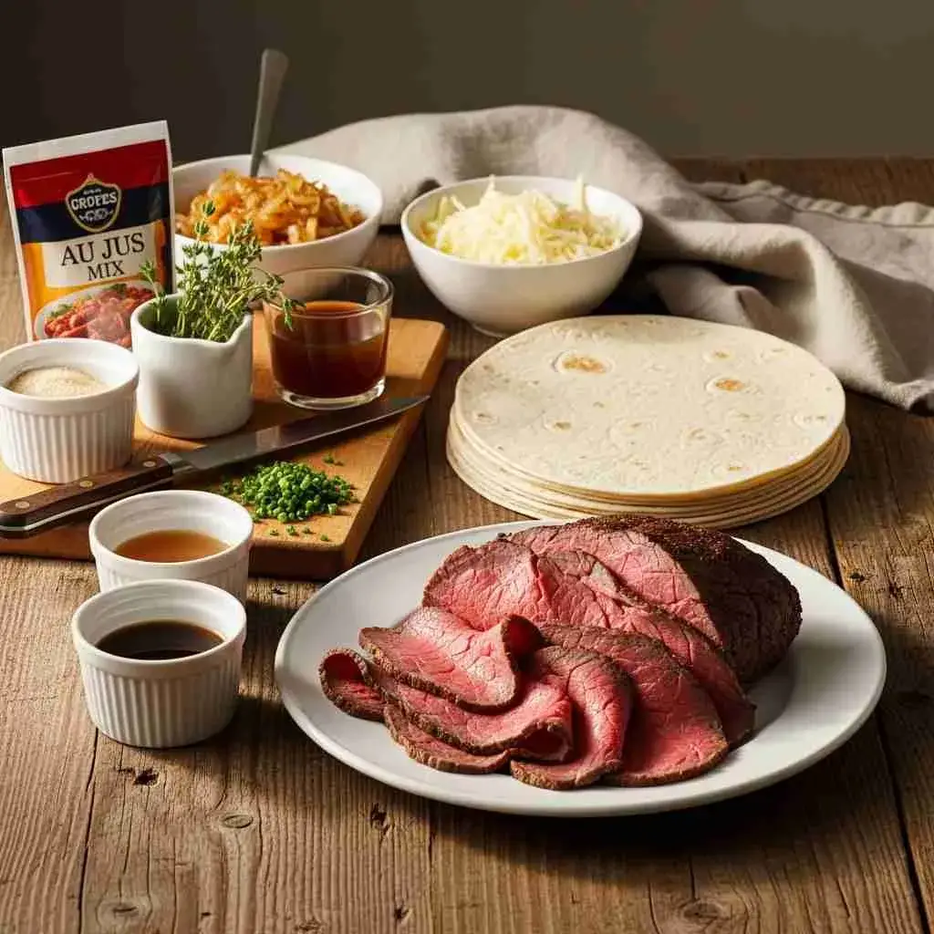 Ingredients for French dip tortilla roll ups including roast beef, tortillas, cheese, and au jus mix