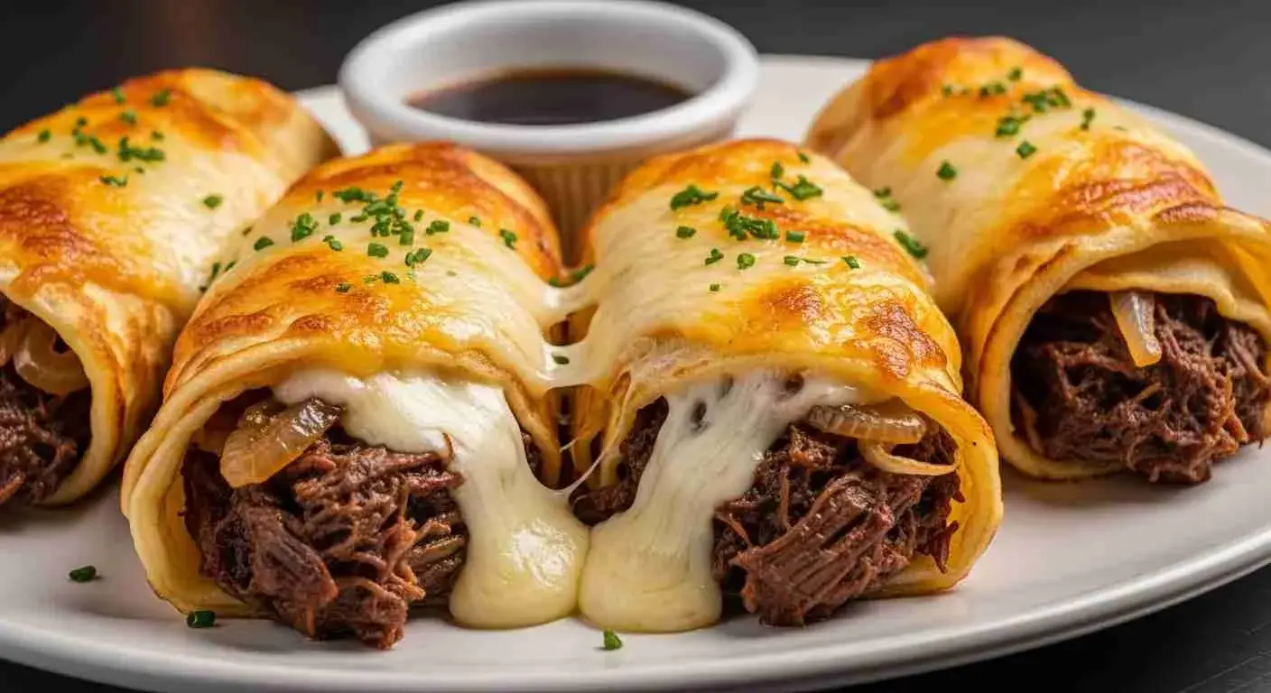 Golden French dip tortilla roll ups served with au jus dipping sauce