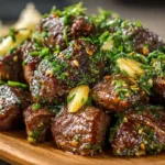 Juicy garlic butter steak bites in a skillet with fresh herbs