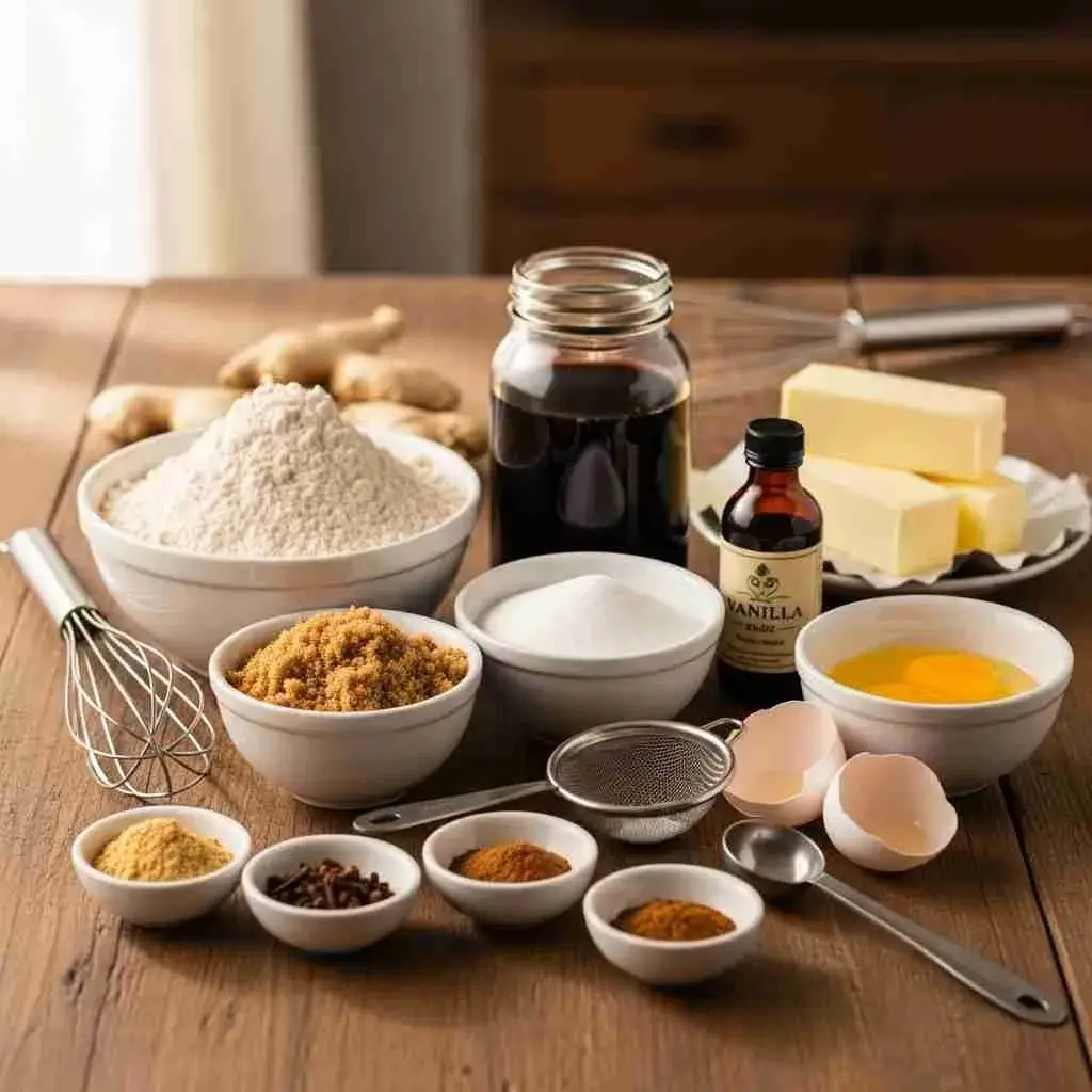 Ingredients for gingerbread blondies including molasses and spices
