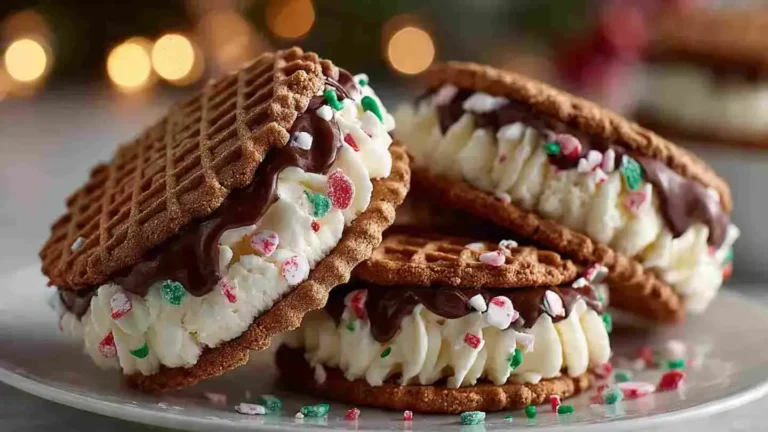 Gingerbread cookie ice cream sandwiches stacked with melting vanilla ice cream