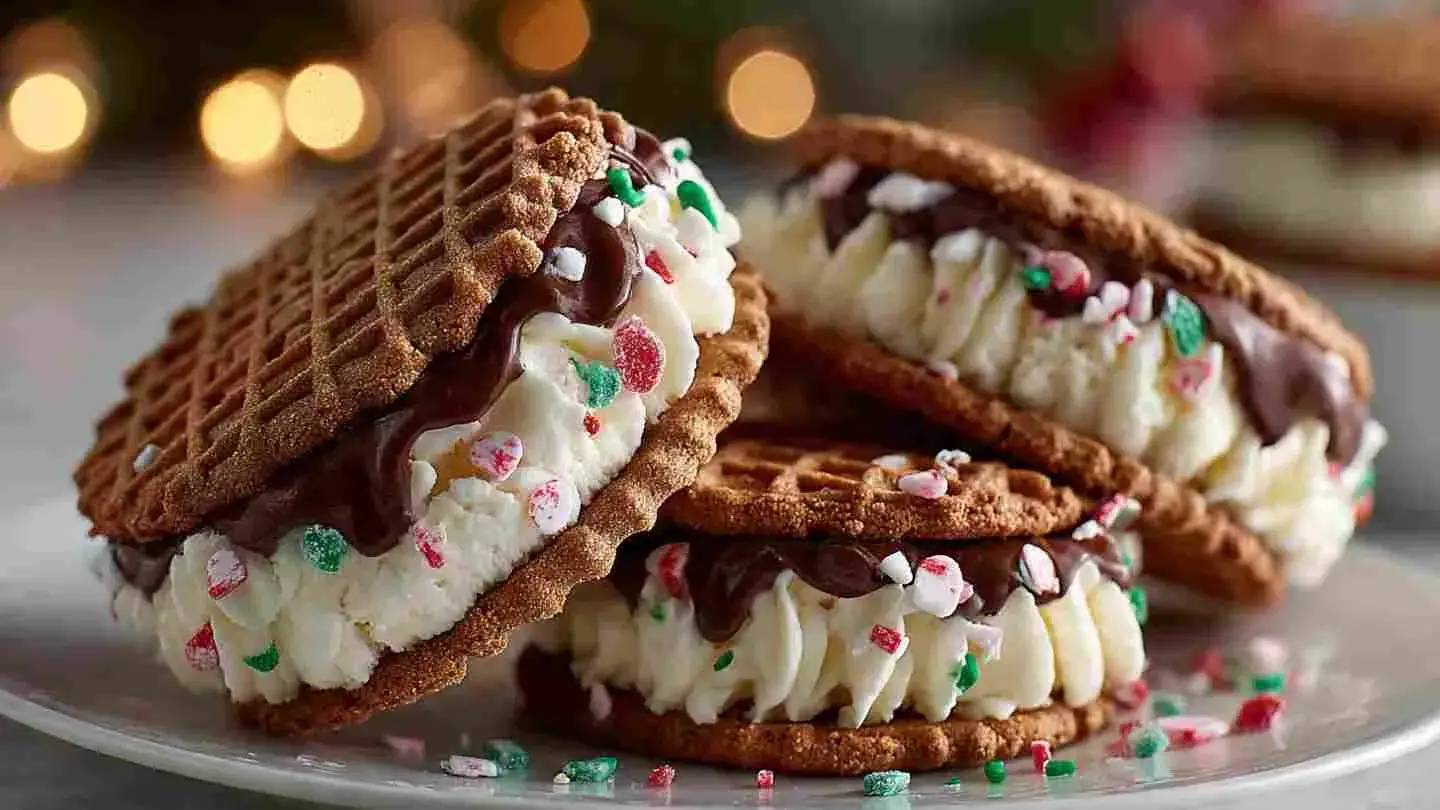 Gingerbread cookie ice cream sandwiches stacked with melting vanilla ice cream