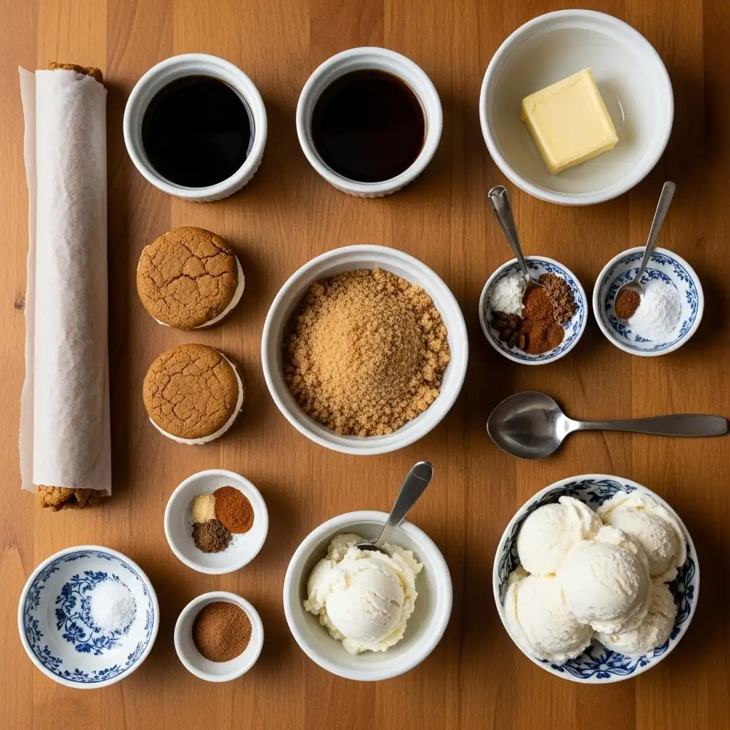 Ingredients for gingerbread cookie ice cream sandwiches on wooden board