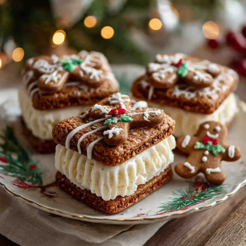 Gingerbread cookie ice cream sandwiches on a festive plate