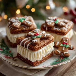 Gingerbread cookie ice cream sandwiches on a festive plate