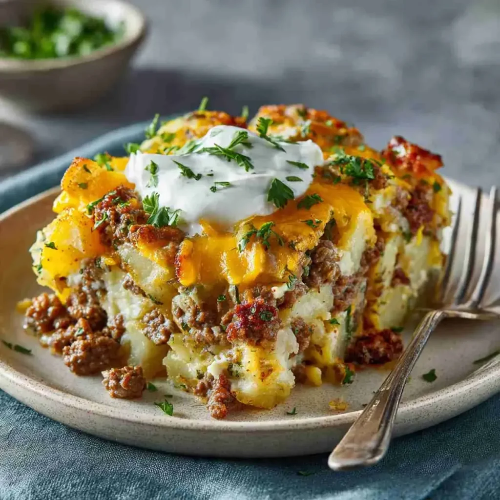 Ground Beef and Potatoes Casserole 3 Serving a slice of ground beef and potatoes casserole on plate