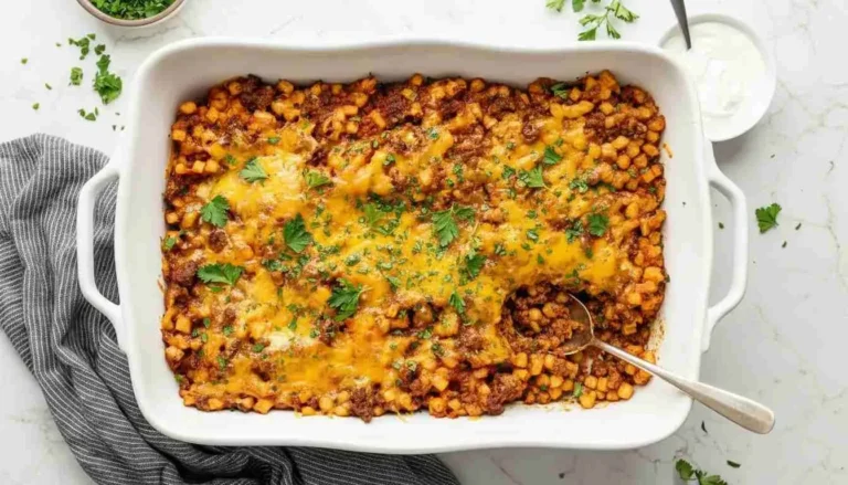 Baked ground beef and potatoes casserole with melted cheese
