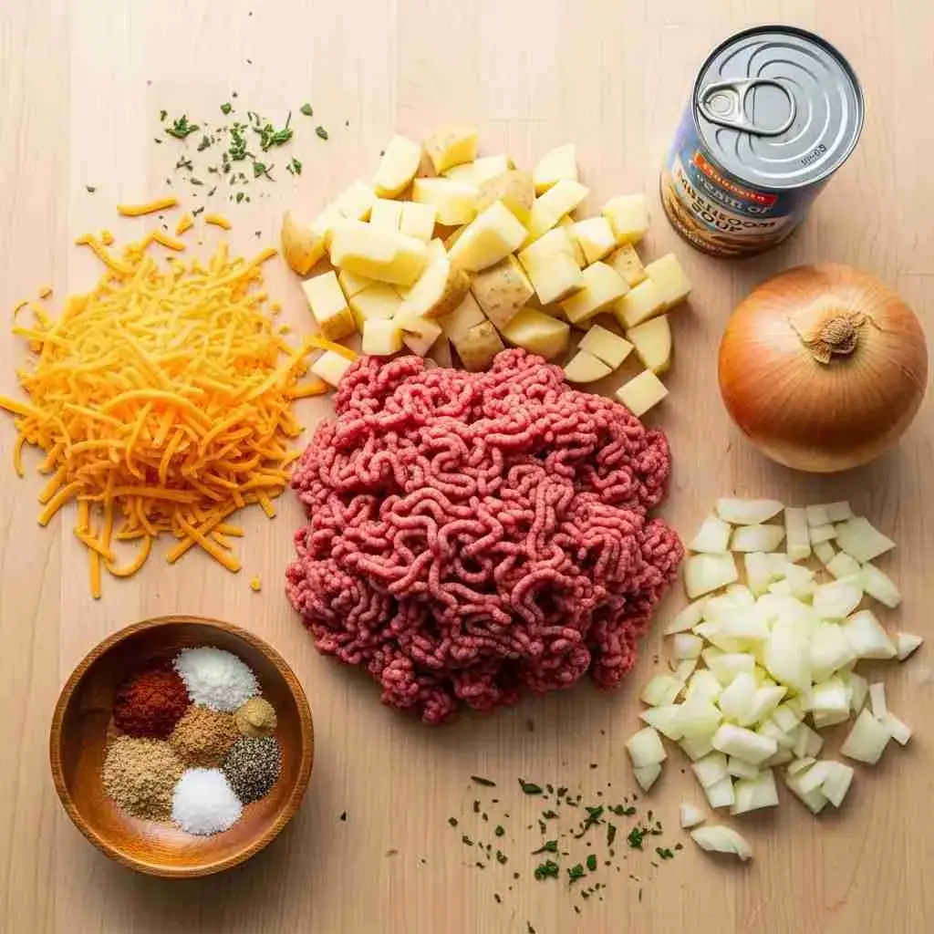 Ground Beef and Potatoes Casserole 2 Ingredients for Ground Beef and Potatoes Casserole on counter