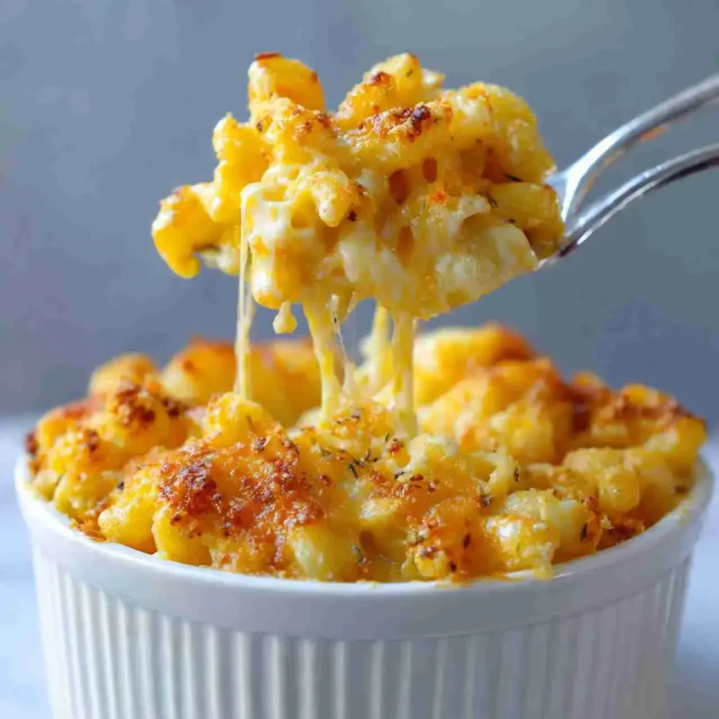Close-up of creamy baked mac and cheese with crispy topping