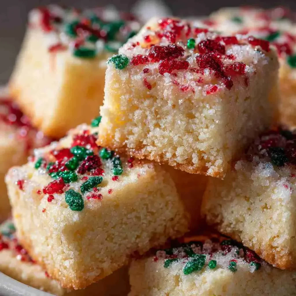 Holiday Shortbread Bites Recipe 3 Close-up of a holiday shortbread bite with powdered sugar