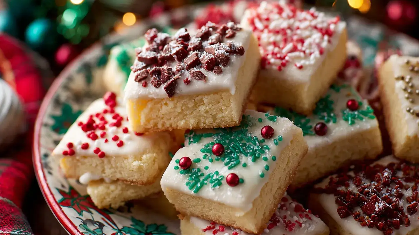 Holiday Shortbread Bites Recipe 1 Holiday shortbread bites stacked on festive plate