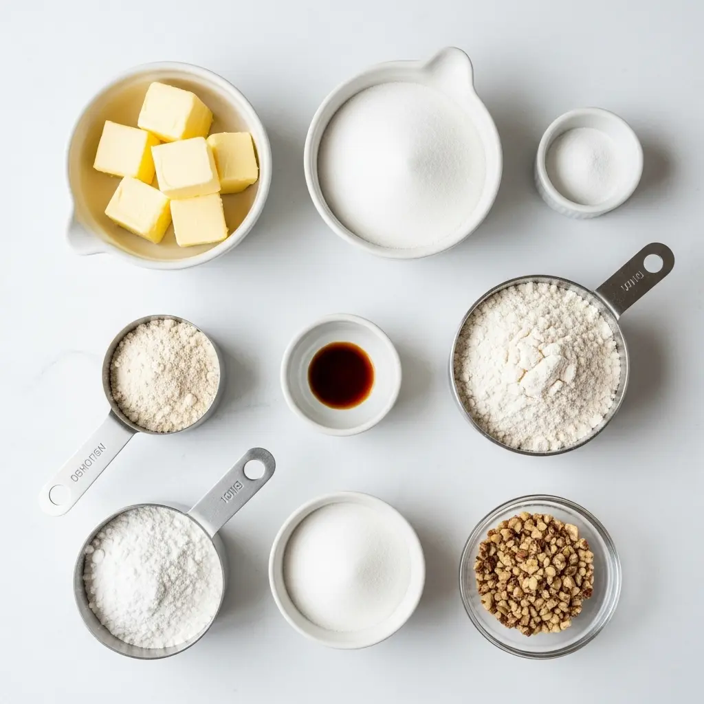 Holiday Shortbread Bites Recipe 2 Ingredients for holiday shortbread bites on flat lay