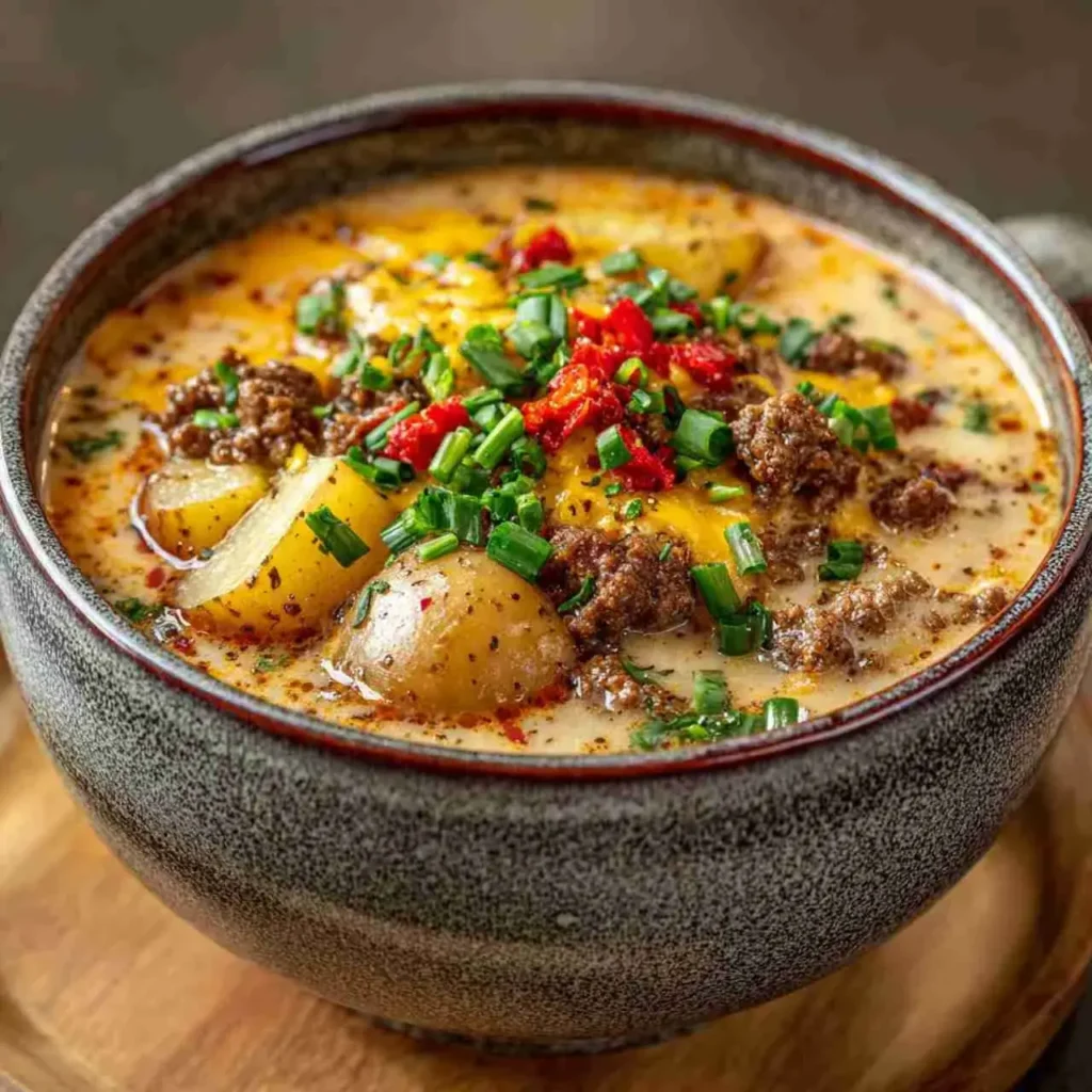 Bowl of cheeseburger soup with melted cheese and potatoes
