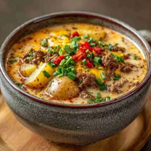 Bowl of cheeseburger soup with melted cheese and potatoes