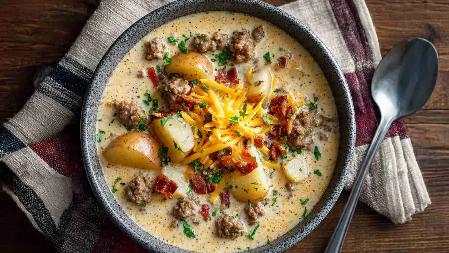 Creamy homemade cheeseburger soup with baby potatoes in bowl