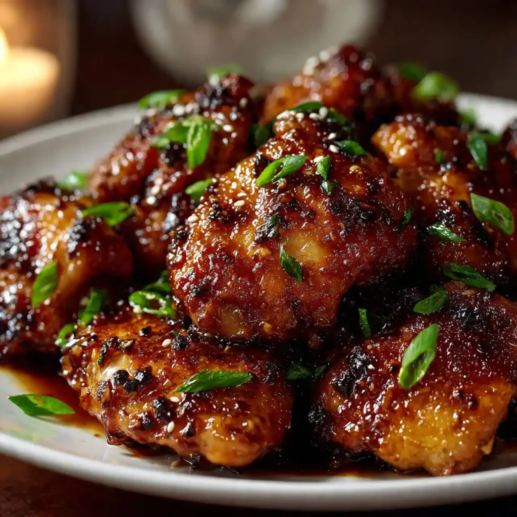 close-up of honey garlic chicken with sesame seeds