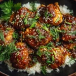 glazed honey garlic chicken in skillet with sauce