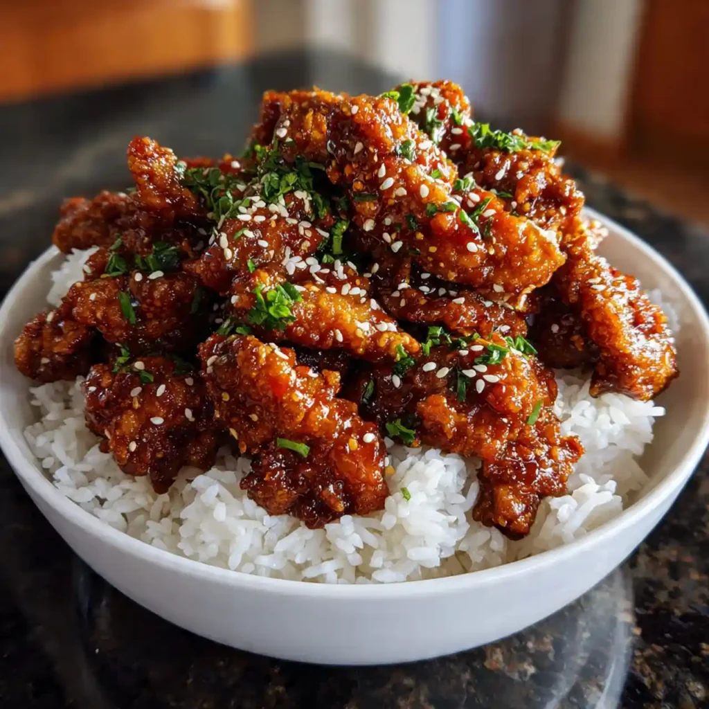 honey garlic chicken served over rice with garnish