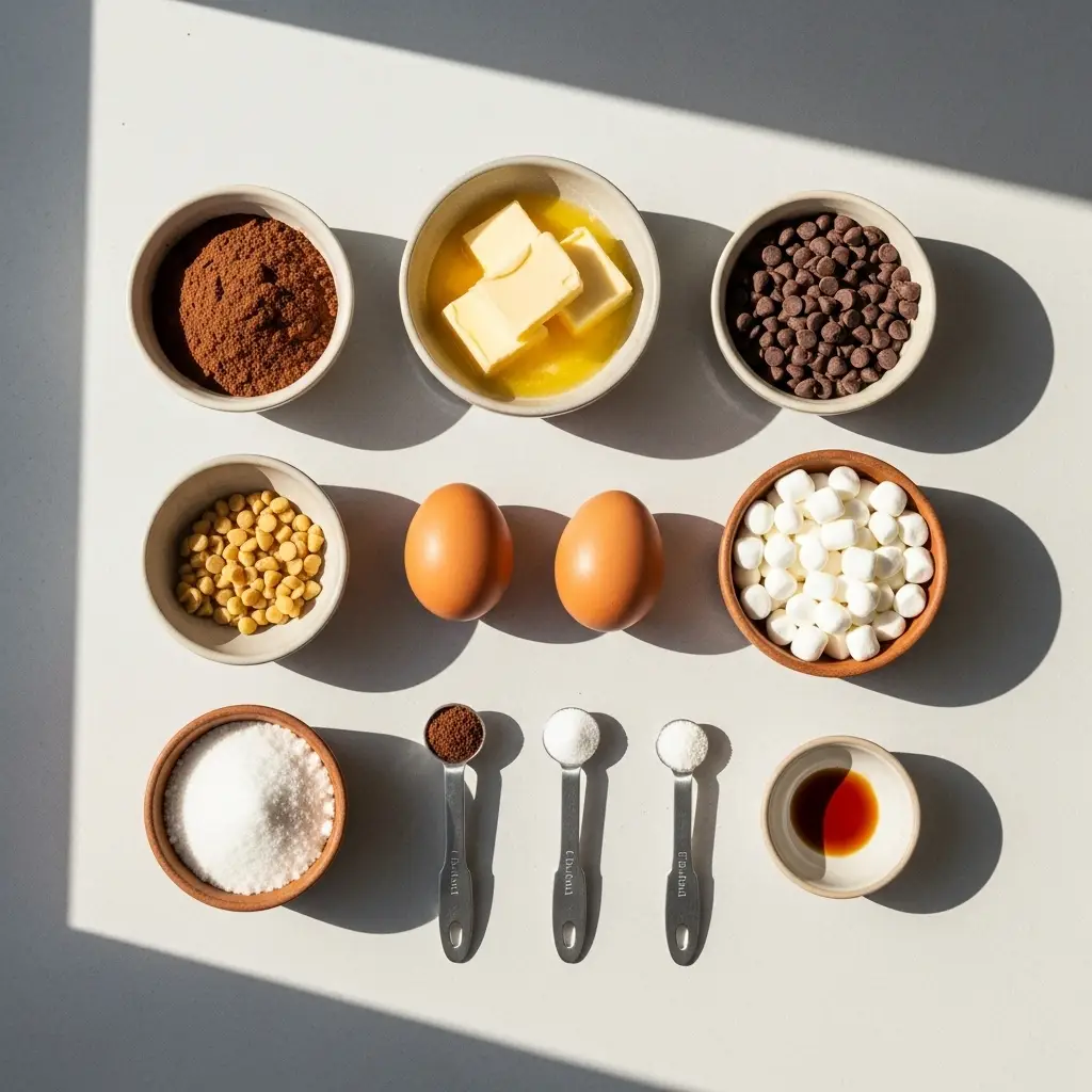 flat lay of ingredients for hot chocolate brownie cups