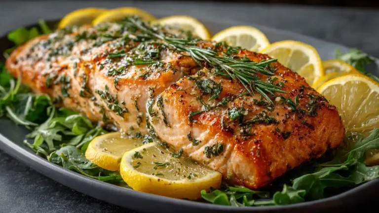 Lemon herb baked salmon fillet with fresh herbs and lemon slices