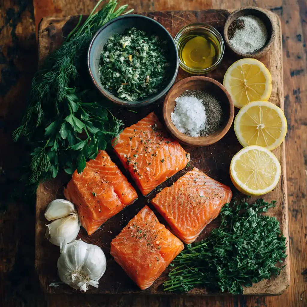 Ingredients for lemon herb baked salmon on a wooden board