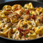 Creamy loaded Cajun Alfredo tortellini skillet with sausage and peppers