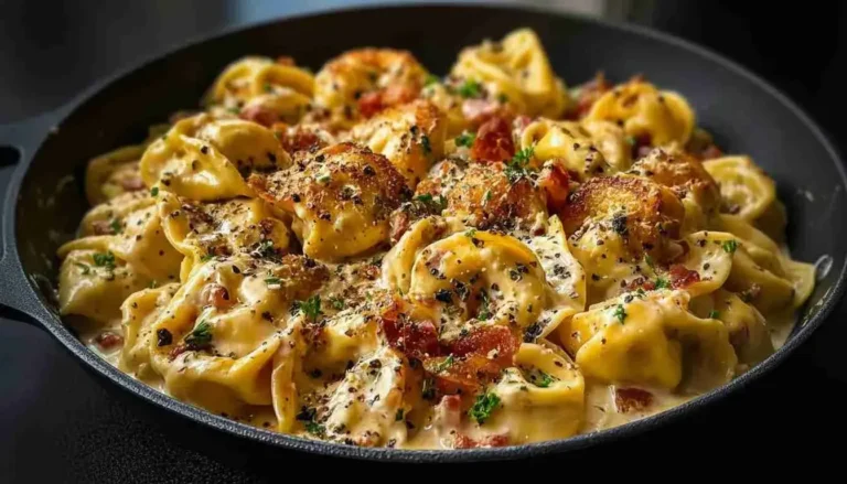 Creamy loaded Cajun Alfredo tortellini skillet with sausage and peppers