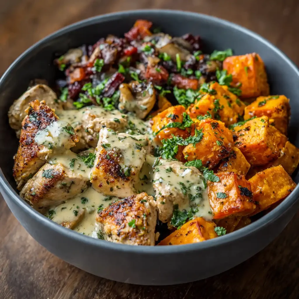 maple dijon chicken bowl with roasted sweet potatoes and greens