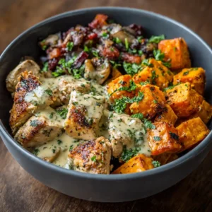 maple dijon chicken bowl with roasted sweet potatoes and greens