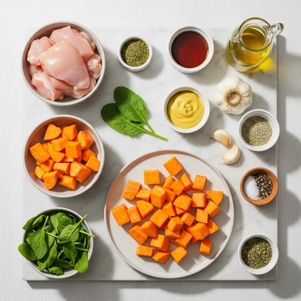 ingredients for maple dijon chicken and roasted sweet potato bowls overhead