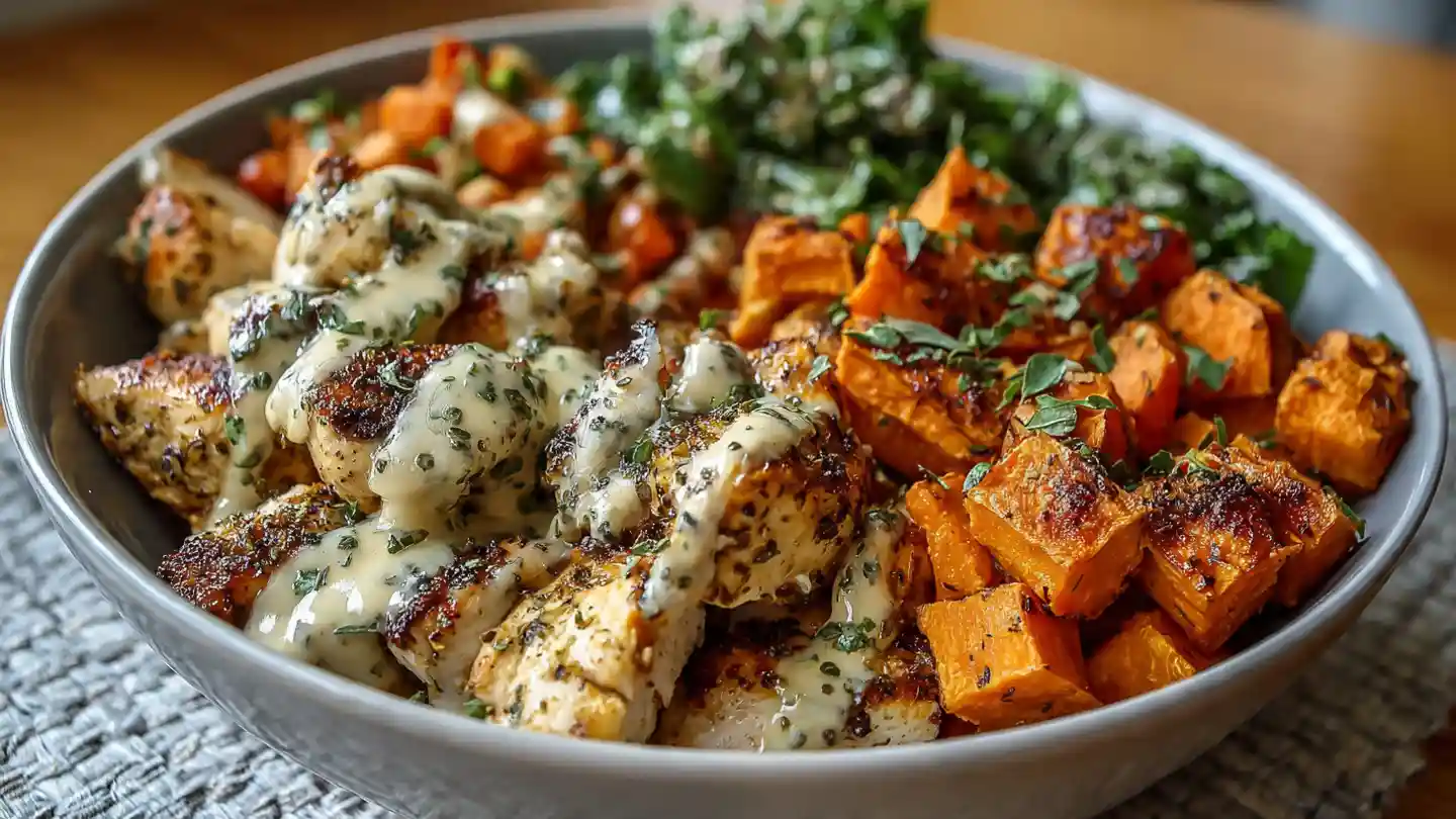 maple dijon chicken and roasted sweet potato bowls with greens