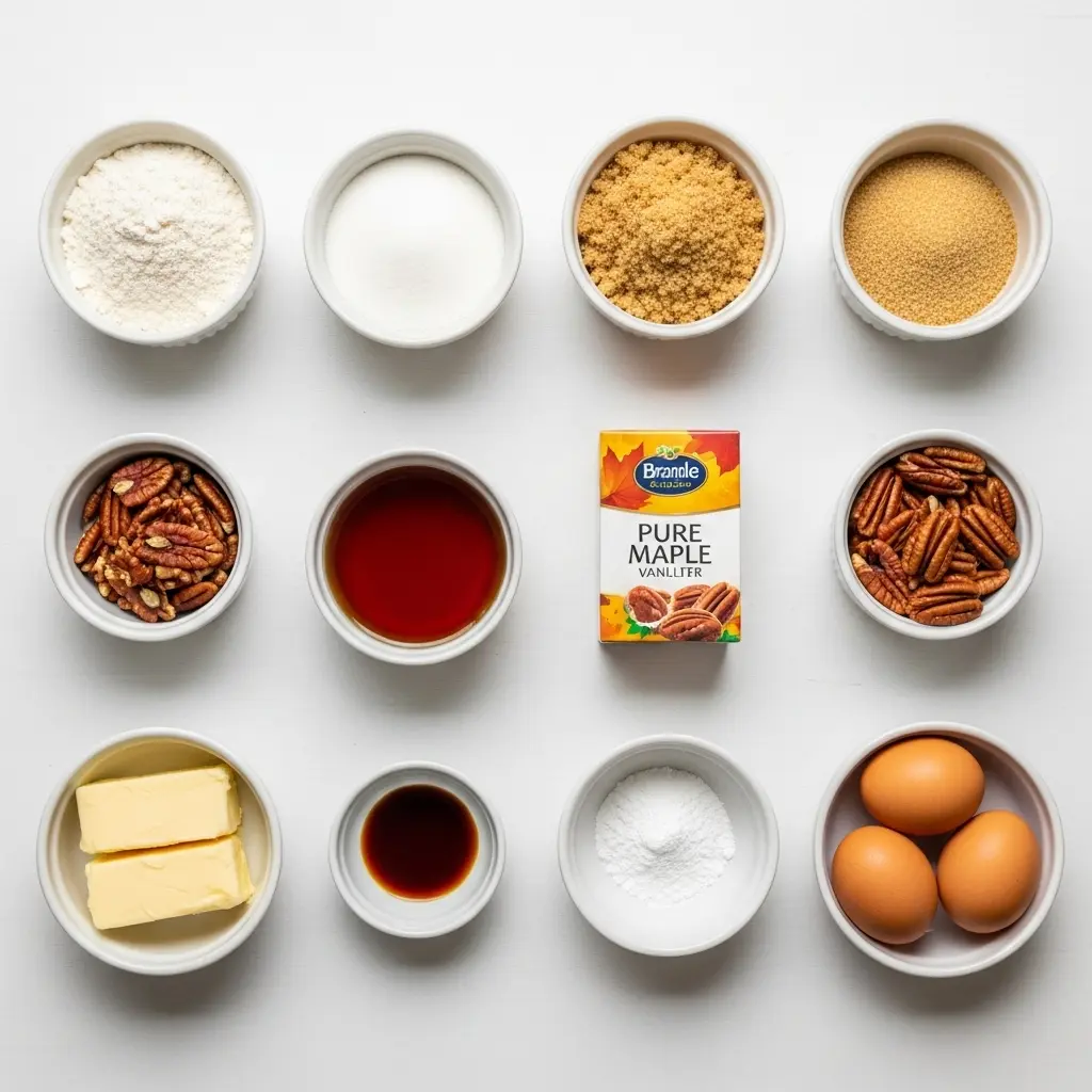 ingredients for maple pecan cookies including butter, maple syrup, pecans, flour, and sugar