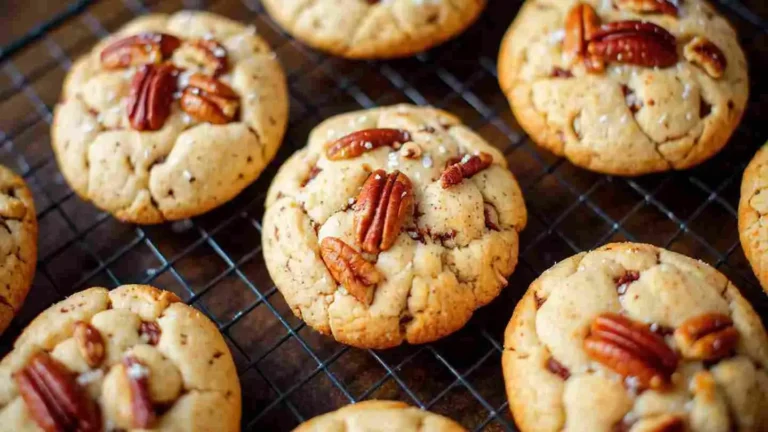fresh maple pecan cookies on a plate with toasted pecans