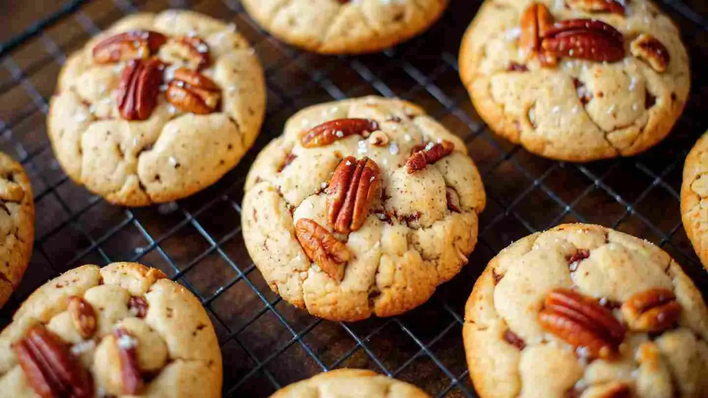 fresh maple pecan cookies on a plate with toasted pecans