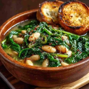 serving mediterranean white beans and greens with lemon and crusty bread
