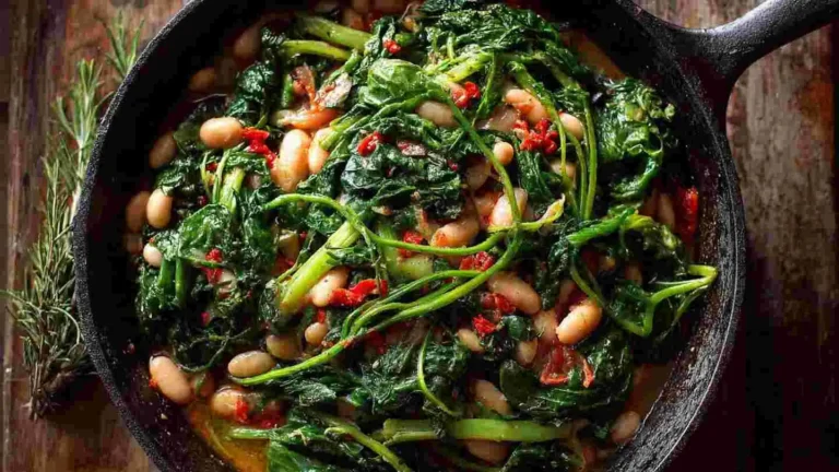 mediterranean white beans and greens in a bowl with olive oil and herbs