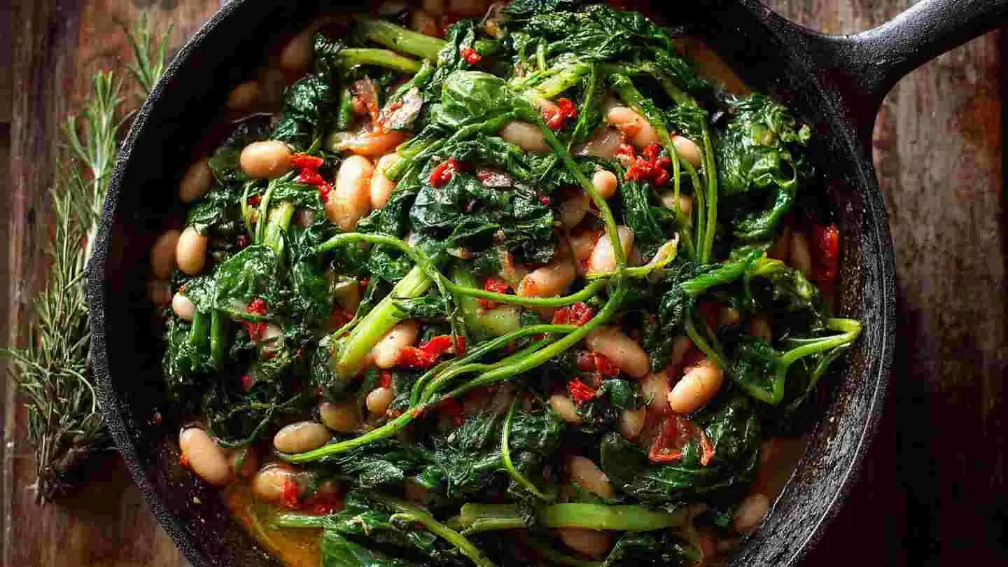 mediterranean white beans and greens in a bowl with olive oil and herbs