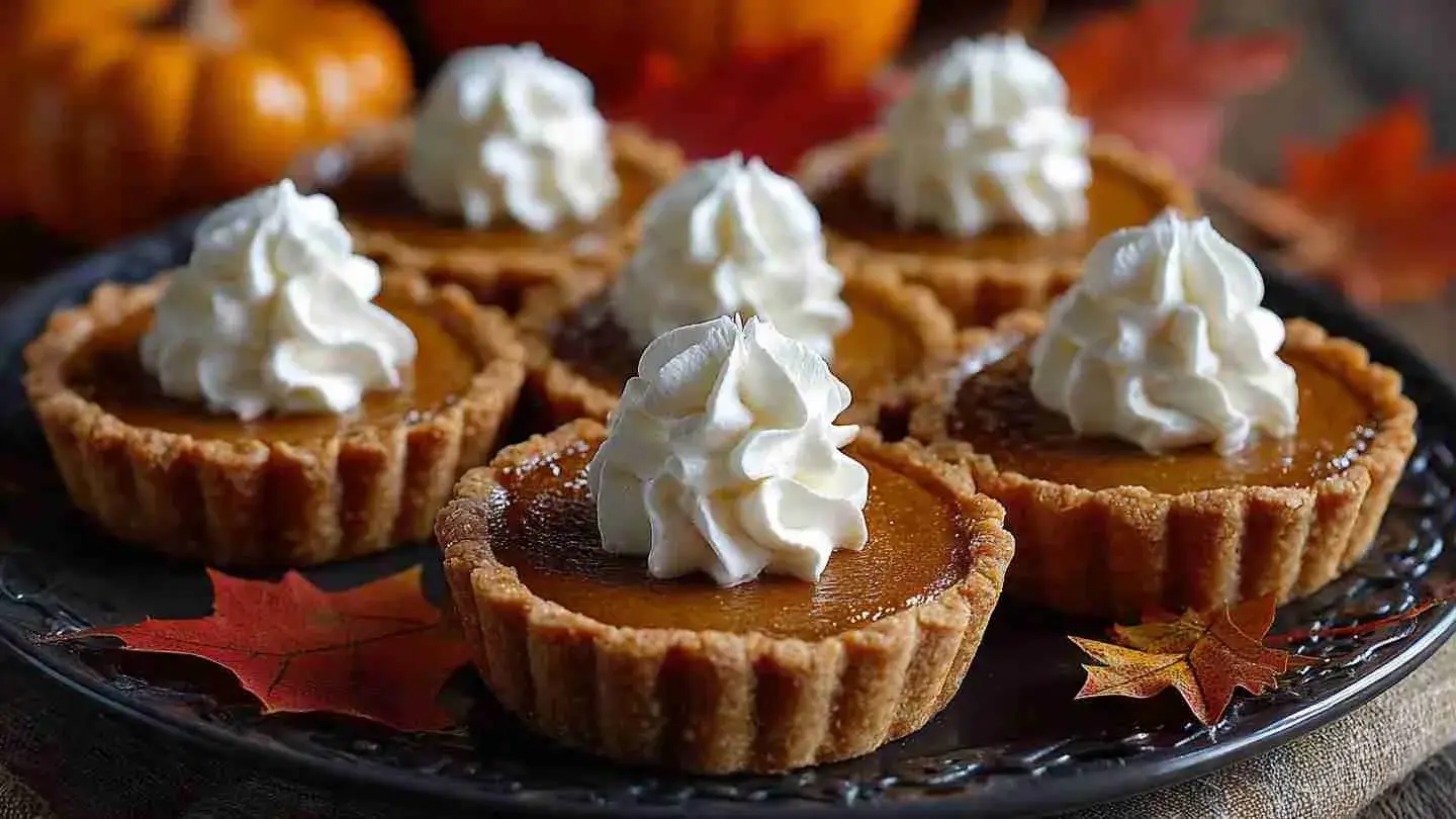 Mini pumpkin pies topped with whipped cream and cinnamon