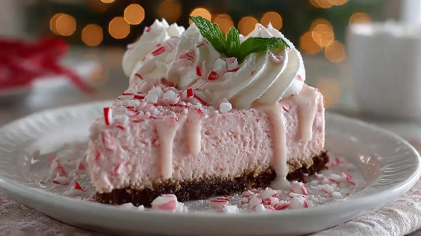no bake peppermint cheesecake topped with crushed candy canes