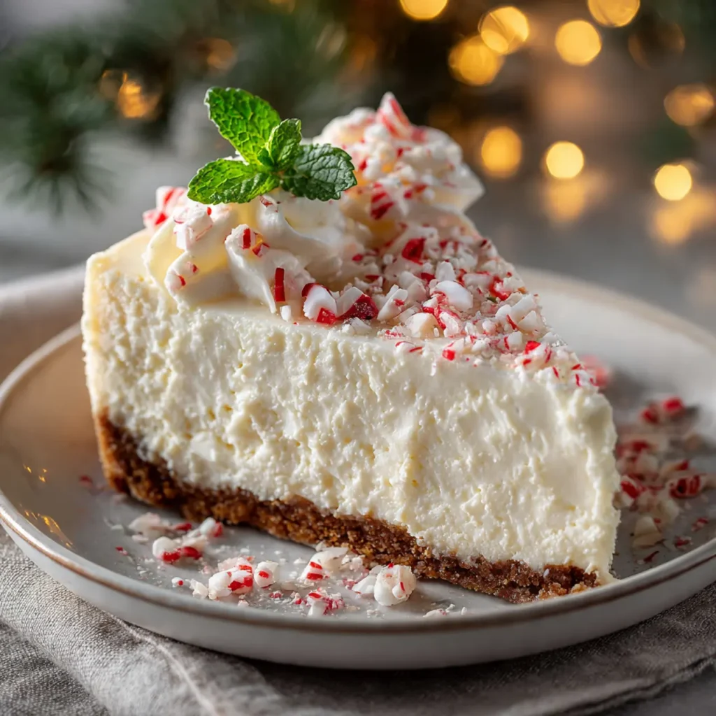 no bake peppermint cheesecake slice with candy cane garnish