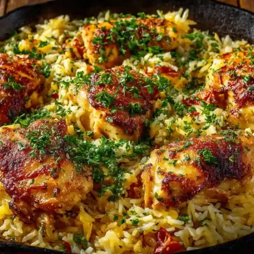 one-pan chicken and rice in skillet with golden chicken thighs
