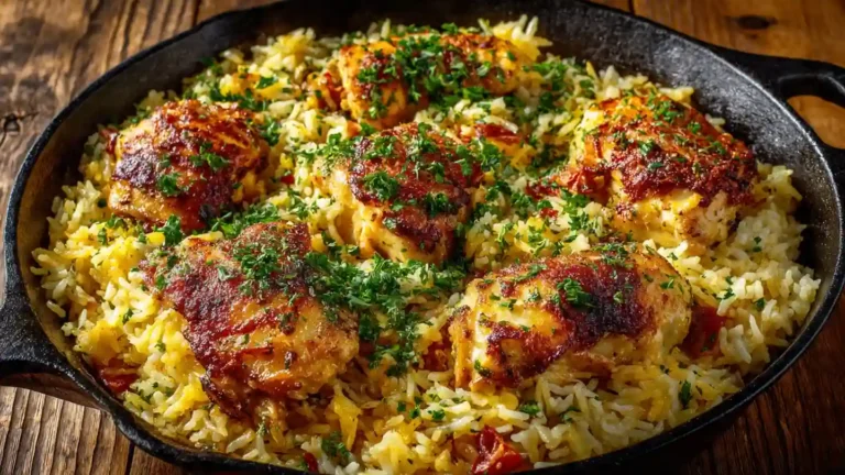 one-pan chicken and rice in skillet with golden chicken thighs
