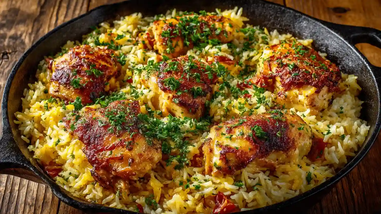 one-pan chicken and rice in skillet with golden chicken thighs