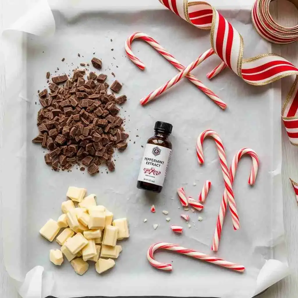 Ingredients for chocolate peppermint bark including chocolate and candy canes