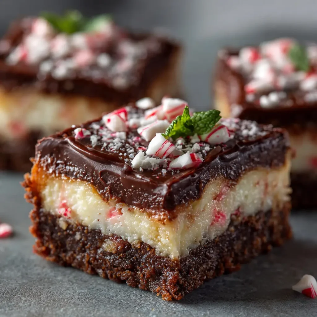 Close-up of Peppermint Hot Chocolate Cheesecake Bars with crushed candy cane topping