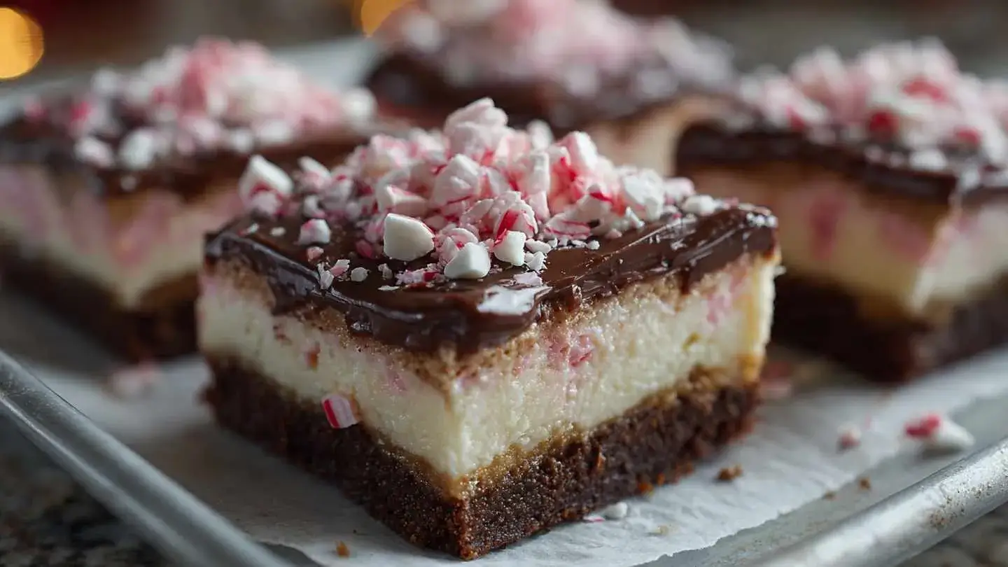 Peppermint Hot Chocolate Cheesecake Bars on a festive plate